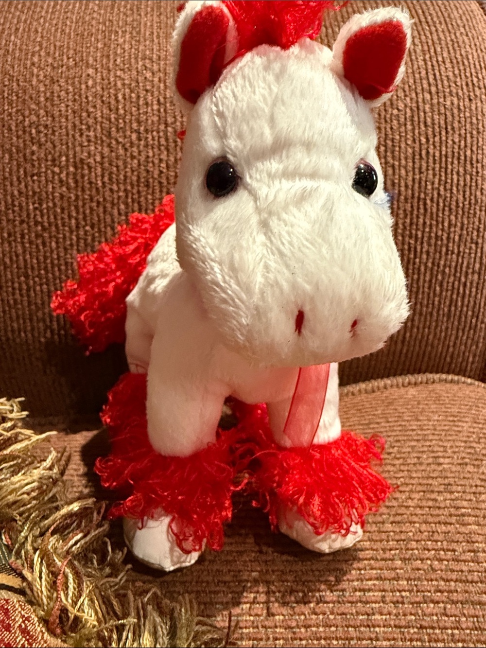 Small White and Red Plush Unicorn Stuffed Animal - Soft Cuddly Toy